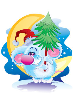 cute blue mouse in a red cap holds a green nlk in his hands, vector illustration,