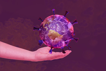 Coronavirus globalna zaraza. Ręka człowieka chwyta ziemię zarażoną epidemią. Broń biologiczna w rękach człowieka. Covid 19-NCP