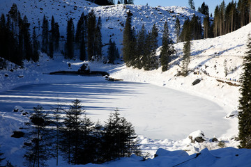 Carezza Lake (BZ), Italy - December 01, 2019: Carezza Lake, Nova Levante, Bolzano, Alto Adige,...