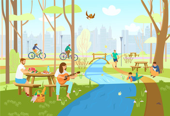 People in spring city park having picnic, riding bikes, running, playing guitar, taking photos, enjoying nature. Park scene with picnic tables, river with bridge, city silhouette. Cartoon vector.