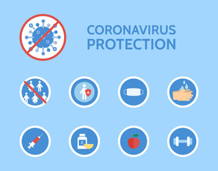 Corona virus protection infographic. COVID-19 novel coronavirus. Stop bacteria. Medical examination. Corona virus prevention. Antibacterial concept. Antiviral immunity. Vector illustration