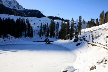 Carezza Lake (BZ), Italy - December 01, 2019: Carezza Lake, Nova Levante, Bolzano, Alto Adige,...