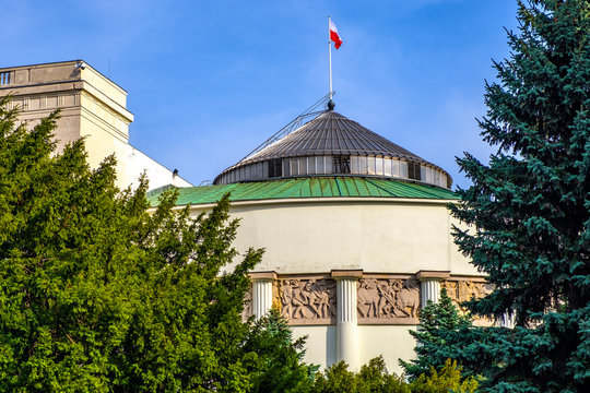 Sejm - lower house of Polish parliament - headquarter at Wiejska street in historic city center of Warsaw, Poland