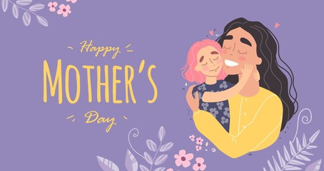 Mothers day greeting card, Mom and girl are smiling and hugging