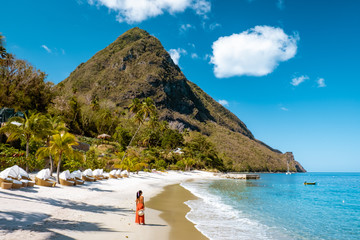 St Lucia Caribbean, woman on vacation at the tropical Island of Saint Lucia