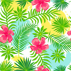 Tropical exotic leaves, hibiscus flowers with hand drawn style blots. Seamless pattern. Vector illustration.