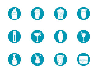 drinks beverage glass cups bottle alcoholic liquor icons set blue block style icon
