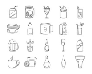 drinks beverage glass cups bottle alcoholic liquor icons set line style icon