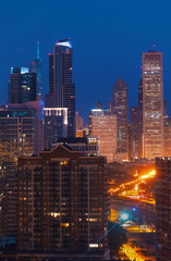 Fototapeta na wymiar Downtown chicago cityscape skyscrapers skyline at sunset