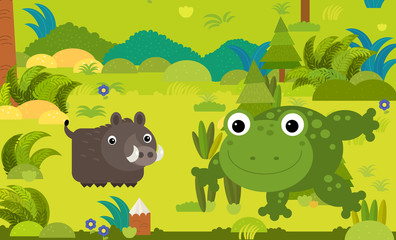 cartoon scene with different european animals in the forest illustration