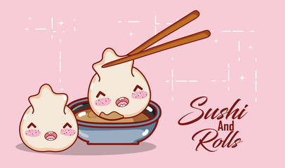 kawaii dumpllings sauce and chopsticks food japanese cartoon, sushi and rolls