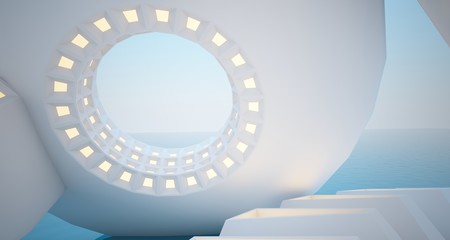 Abstract drawing architectural background. White interior with discs that hovered over the sea. Neon lighting. 3D illustration and rendering.