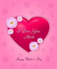 Happy Mother's Day greeting card,  banner, poster, with pink realistic heart, white spring flowers and text on isolated gradient background