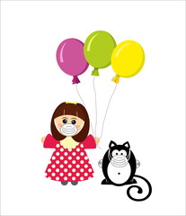  Girl and her cat in medical masks, protection from coronavirus