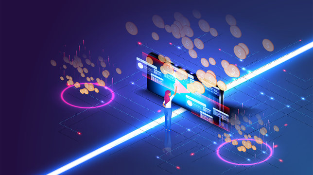 Media marketing concept. Monetization, make money online concept. Software, profit receiving, successful. Mobile application development, app monetization. Gold coins, earnings. Vector illustration