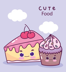 cute food cupcake and slice cake cherry sweet dessert pastry cartoon