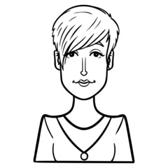 monochrome vector drawing of a woman with short tousled hair and earrings.  Comic, doodle, illustration.
