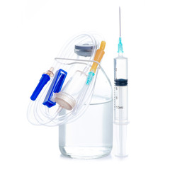 glass medicine bottle with syringe injection, dropper system on white background isolation