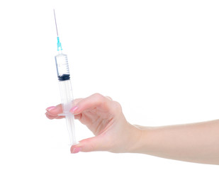 Medicine syringe in hand on white background isolation