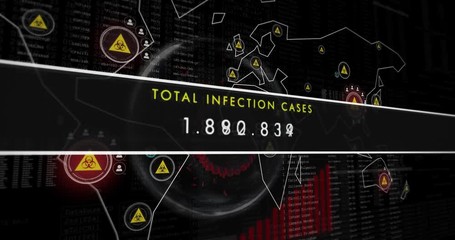 World map overview of the global number of infected people. Increasing number of cases of virus infestation on Earth. Digital overlay animation on black. - Powered by Adobe
