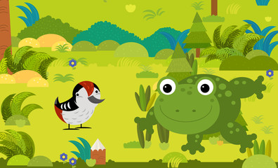 cartoon scene with different european animals in the forest illustration