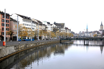 Zurich / Switzerland - November 25, 2018: Typical houses in Zurich city centre, Zurich, Switzerland, Europe