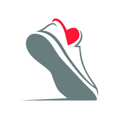 Running shoe heart symbol on white backdrop. Loving sport concept