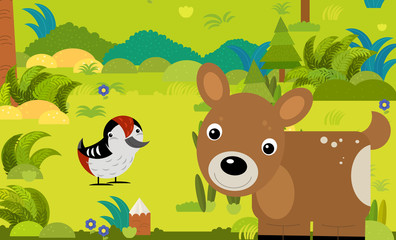 cartoon scene with different european animals in the forest illustration