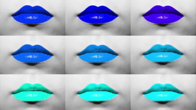 Creative 4k video collection of quickly fading female lips with different variated color lipsticks close-up. Female lips macro with lipstick of different colors on a black and white face.