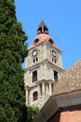 Rhodes / Greece - June 23, 2014: Clocktower in the old town in Rhodes, Dodecanese Islands, Greece.