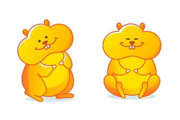 Cute yellow hamsters in standing and sitting poses. Positive and smiling characters, cartoon style.