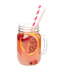 Glass jar of lemonade isolated on white background