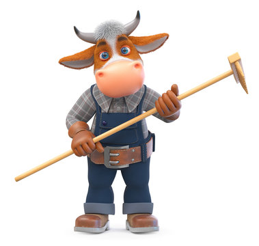 3d illustration funny bull is a farmer engaged in agriculture/3d illustration Buffalo in overalls on a farm with a rake