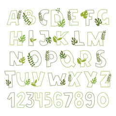Vector green alphabet with tropical leaves, isolated on white. Cute flat alphabet and numbers. Perfect for childish poster, study guide for children, ecology design, logo, educational materials