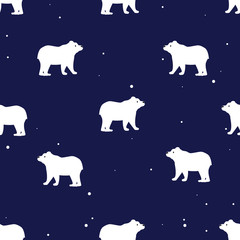 Seamless pattern with cute polar bears in simple cartoon style on blue background