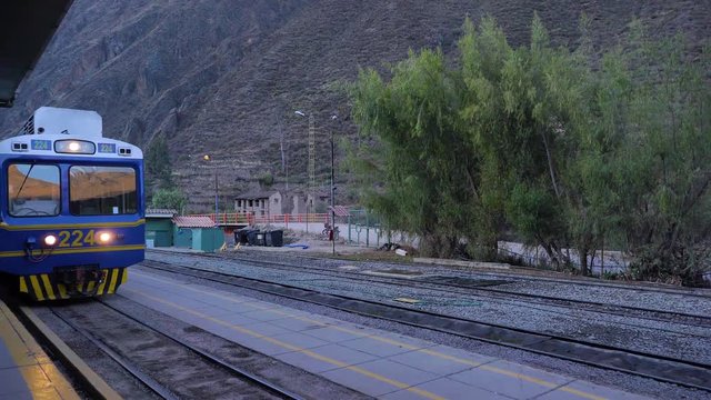 Locomotive machine approaching at train station, Aguascalientes, Machu Picchu region, Peru