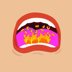 Illustration of a fire in a man's mouth after a spicy meal.