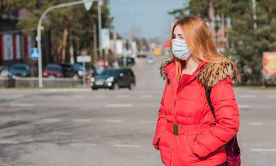 Virus concept. Girl in mask at city, risk for health, pneumonia, quarantine and epidemic