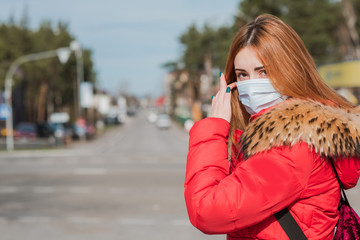 Virus concept. Girl in mask at city, risk for health, pneumonia, quarantine and epidemic