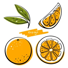 Fotobehang Orange fruit, whole, half, slice and leaves. Colorful sketch collection of citrus fruits isolated on white background. Doodle hand drawn vegetables. Vector illustration © fire_fly