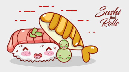 kawaii nigiri sushi fish and peas food japanese cartoon, sushi and rolls
