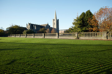 Fototapeta na wymiar St Patrick's Cathedral spire and St Patrick's Park in Dublin City, Ireland