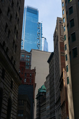 Street with Old and New Buildings and Skyscrapers in Lower Manhattan of New York City