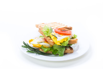 fried toasts with egg, salad, tomato in a plate