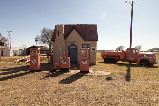 McLean, Texas, USA - February 24, 2020: The historic Phillips 66 gas station was built in the late 1920's and was the first Phillips 66 retail gas station in the state of Texas. 
