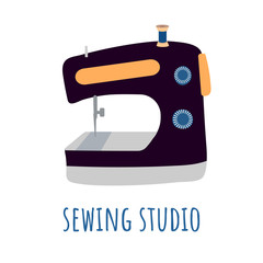 Logo sewing machine on a flat background in the style of a flat. Black cartoon tool for tailoring, sivol sewing courses, tailor shop, fashion design. Modern hand drawn logo for a company or studio