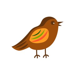 Cute bird with colorful plumage on a white background is standing. Brown color with bright feathers. Wildlife representative. Cartoon style