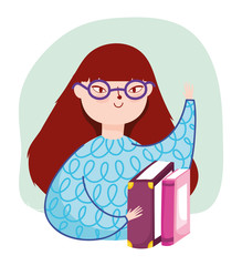 young woman wearing glasses and books literature, book day