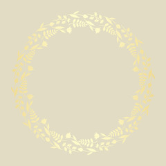 Decorative template with gold round floral ornament. Circular floral frame with wild flowers and tulips. Vector illustration EPS10