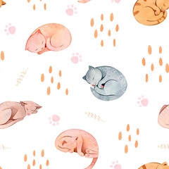 Hand painted watercolor seamless pattern with sleeping cats and paws